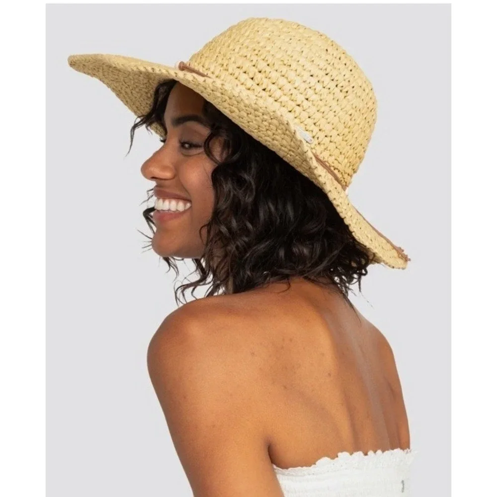New Roxy Womens M/L Cherish Summer Natural Straw Sun Hat Beads Beach Boho